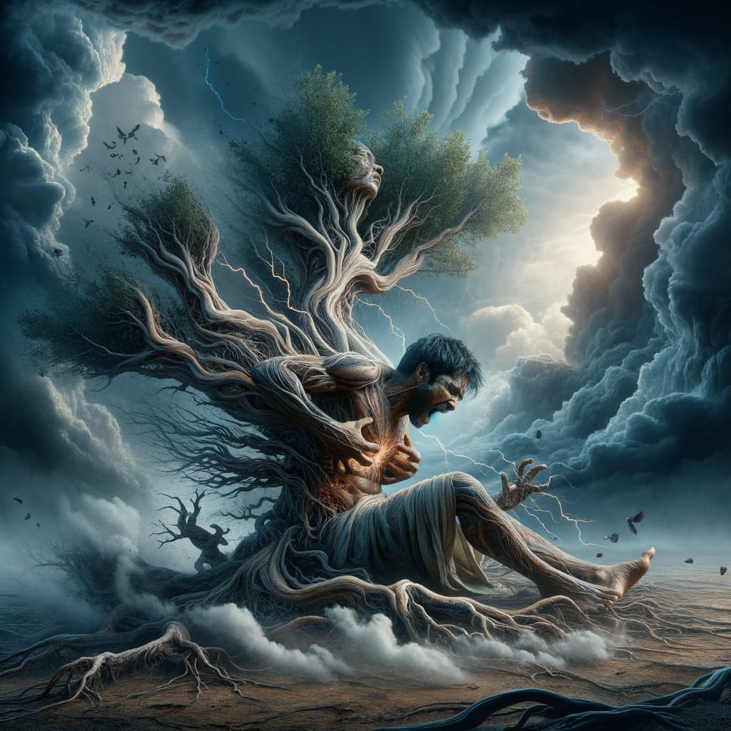Dark Fantasy Transformation: Man Merges with Mysterious Tree