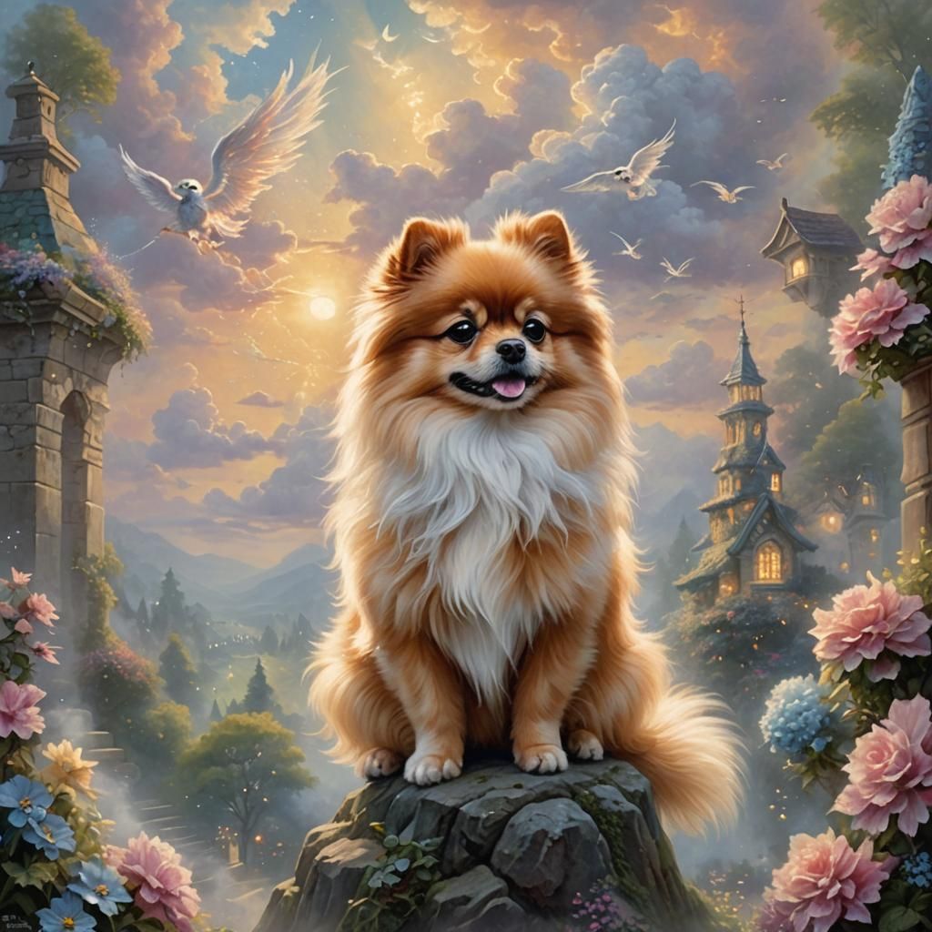 Pomeranian Dog Ascending to Heaven in Ethereal Fantasy