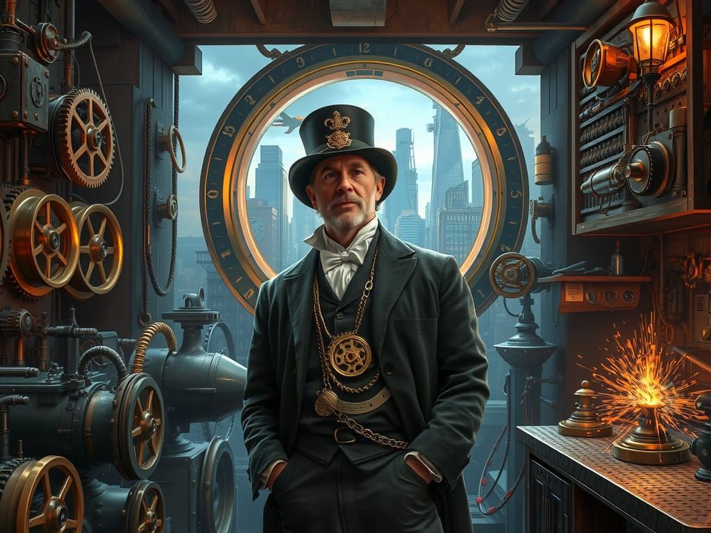 Steampunk Inventor Gazing into Future: Matte Painting