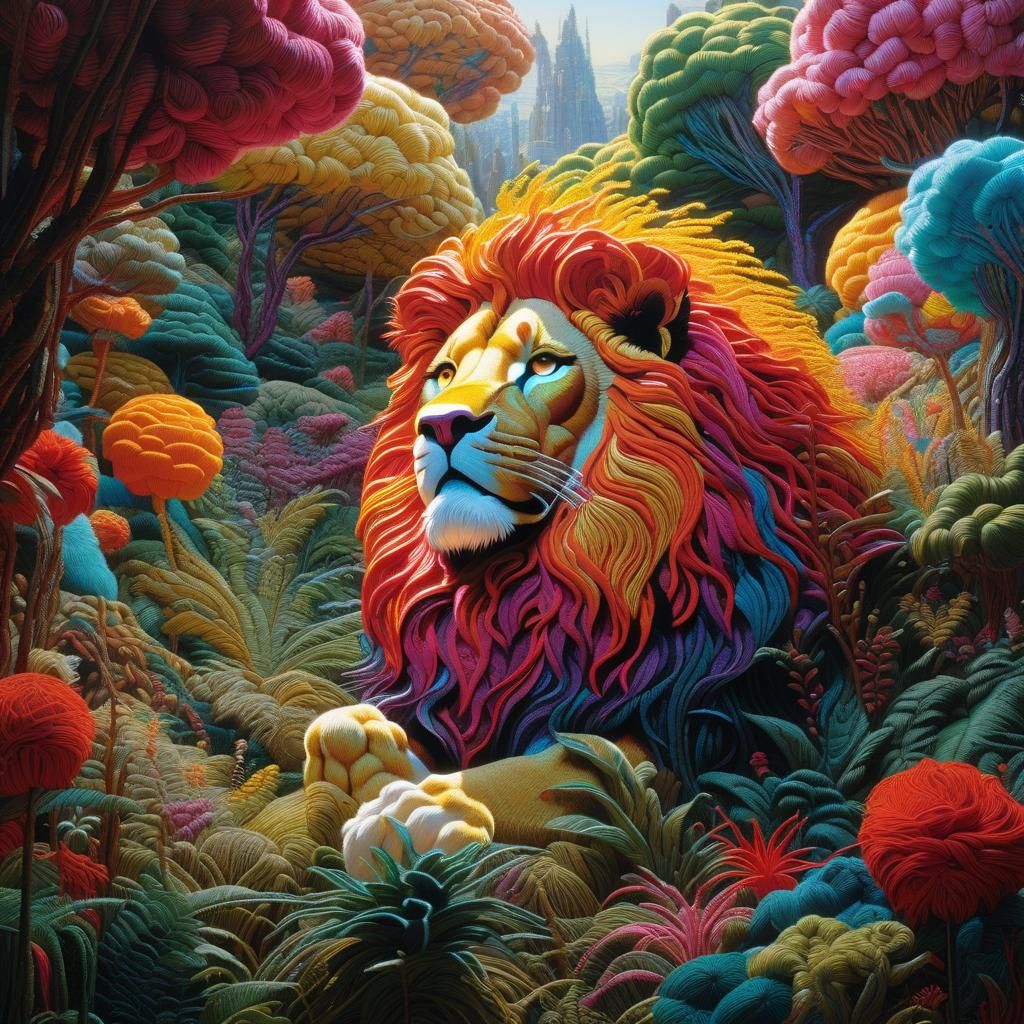 Embroidered Yarn Lion in Jungle Scene