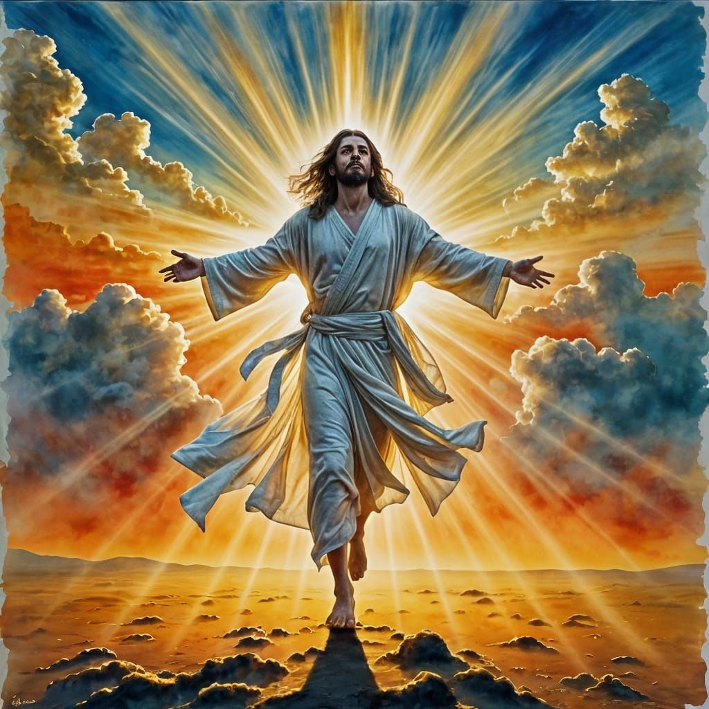 Radiant Figure Dancing on Clouds: Surreal Watercolor Art