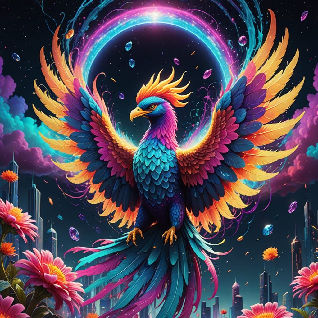 Vibrant Phoenix Soars Through Swirling Galaxies in a Psyched...