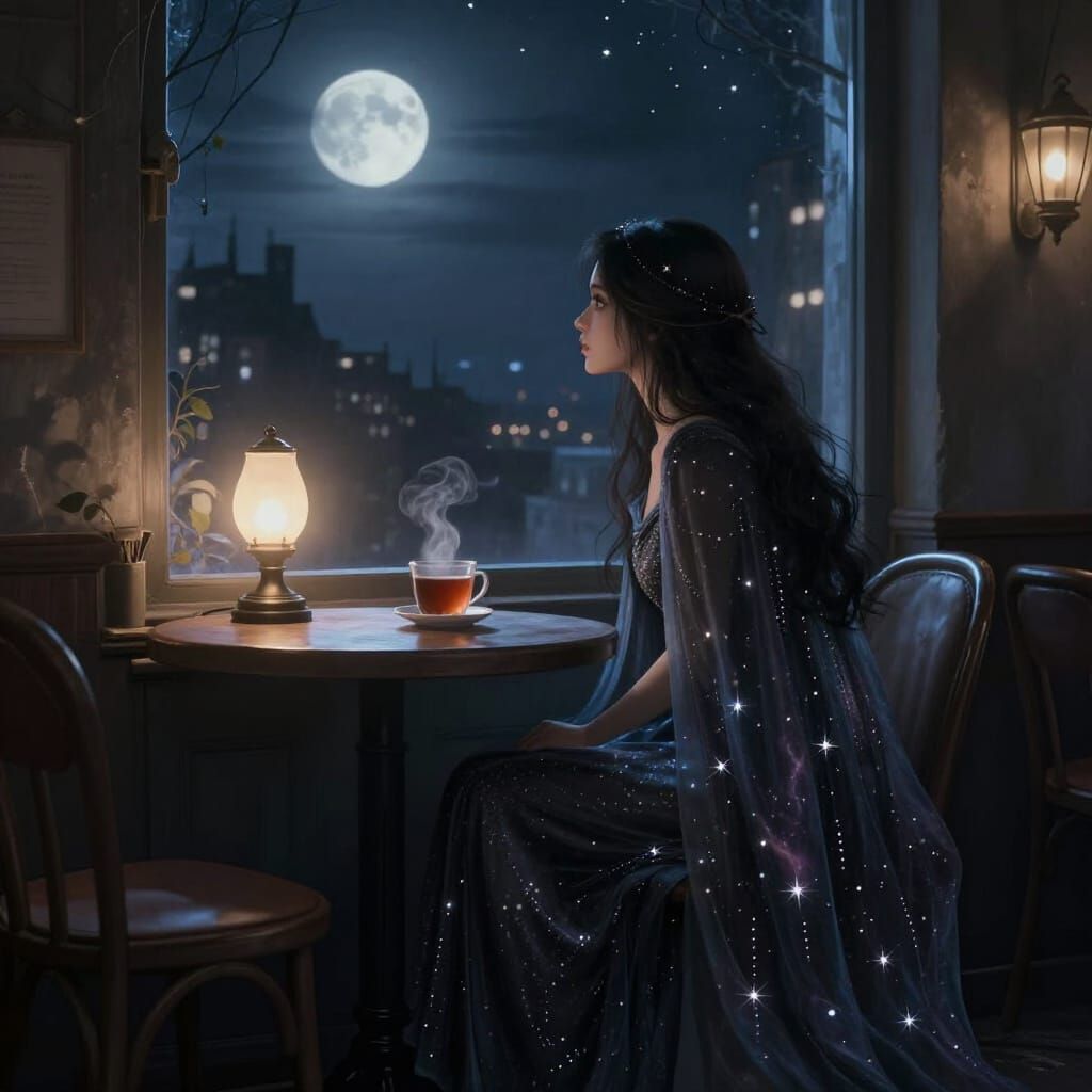 Woman in Star-Dusted Cloak at Moonlit Café Window