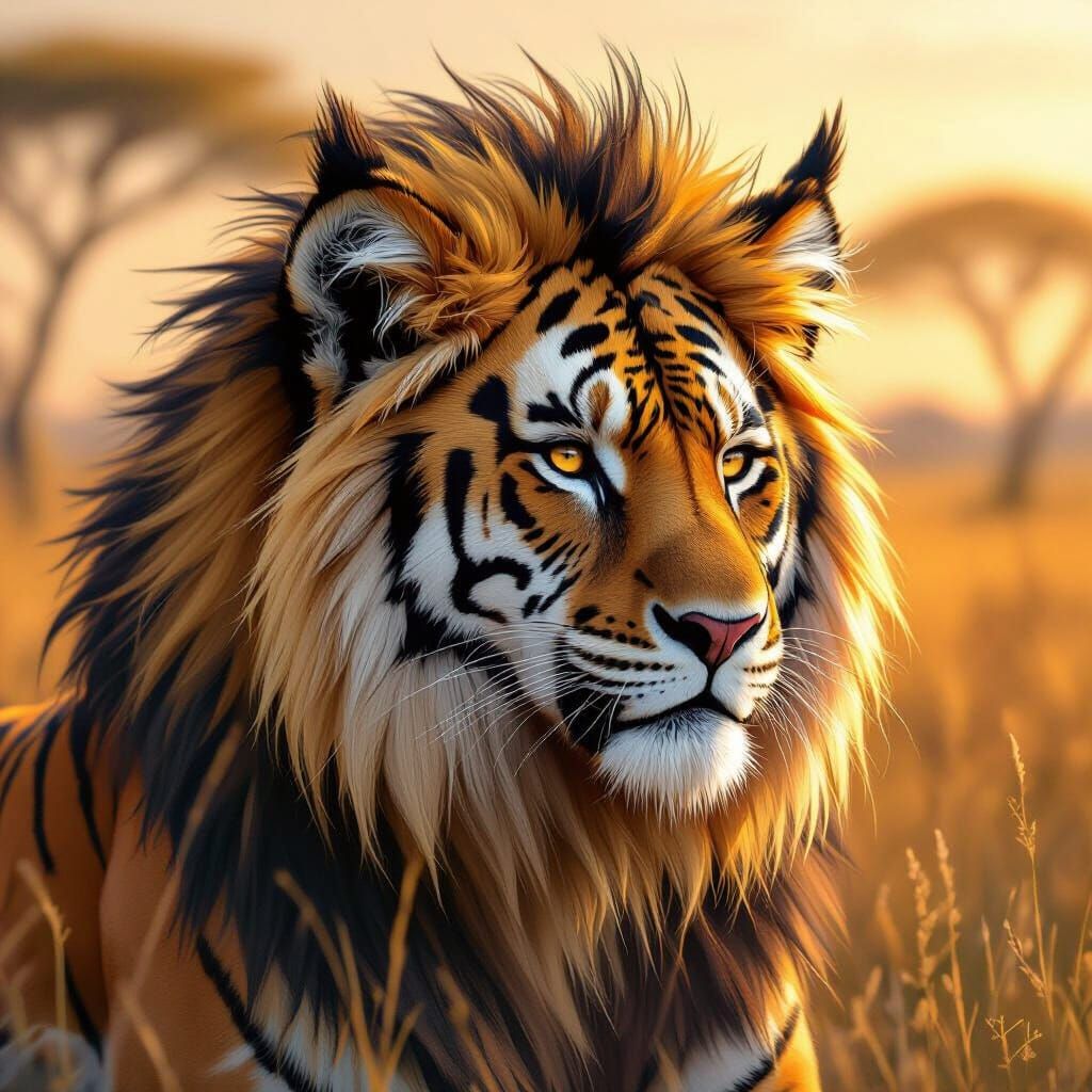 Majestic Tiger with Lion's Mane and Dog Ears
