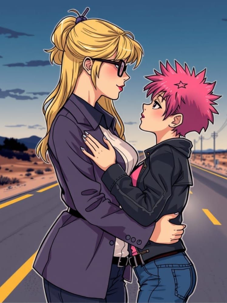 Manga Art of Two Women Embracing on a Deserted Road