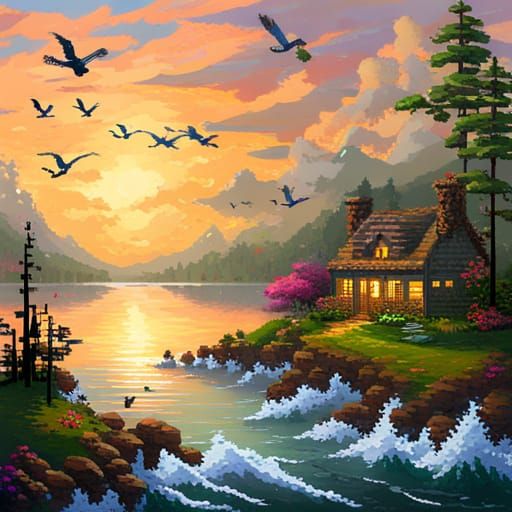 Sunset over a mountain lake.