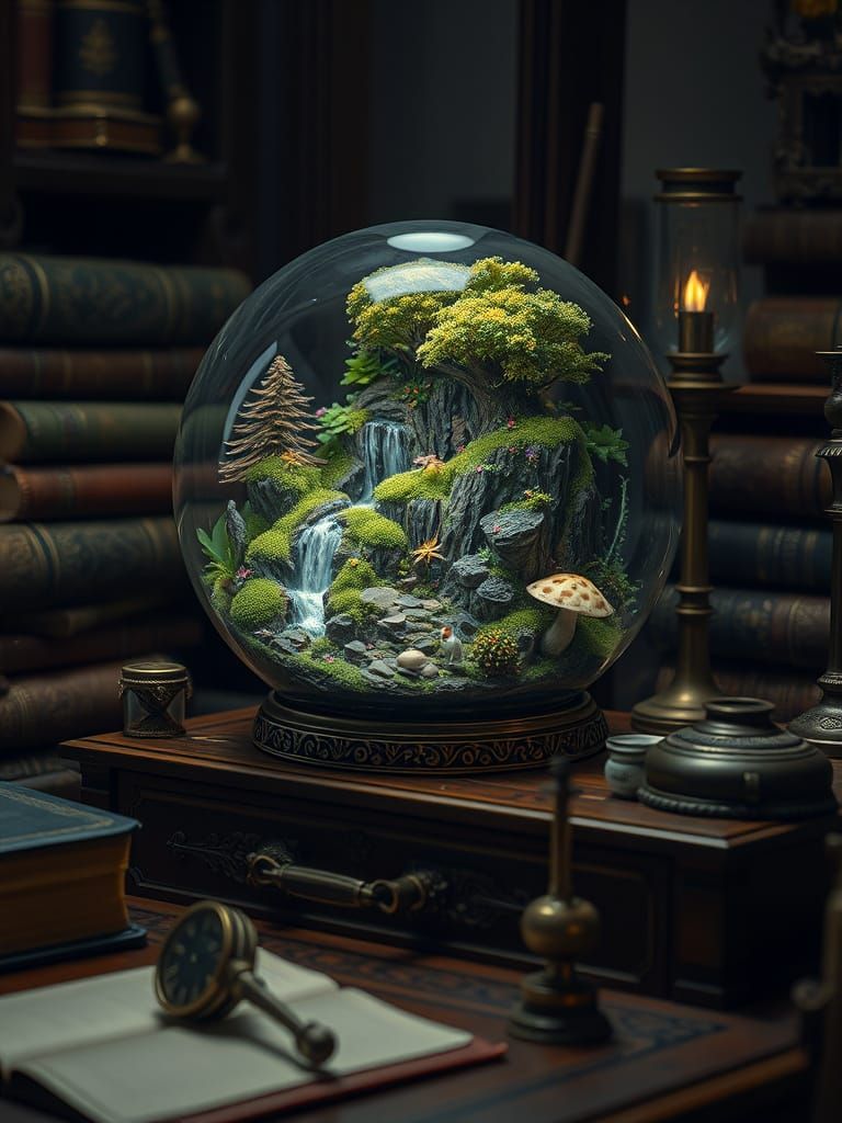 Miniature Ecosystem in Glass Orb, Art Nouveau Style