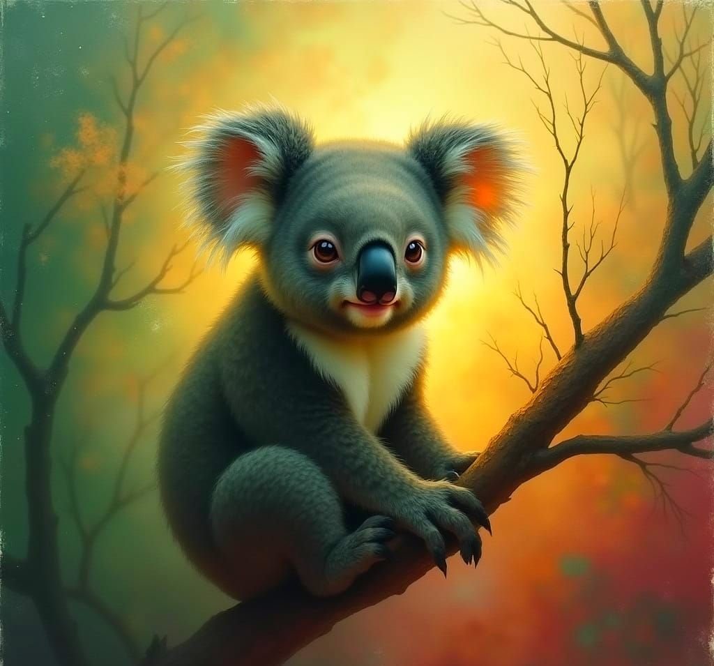 Koala Baby in Vibrant Misty Landscape