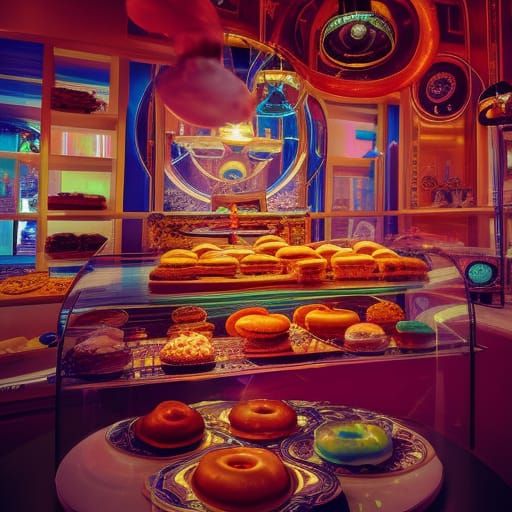 Clockpunk Pastry Shop with Doughnuts and Cakes