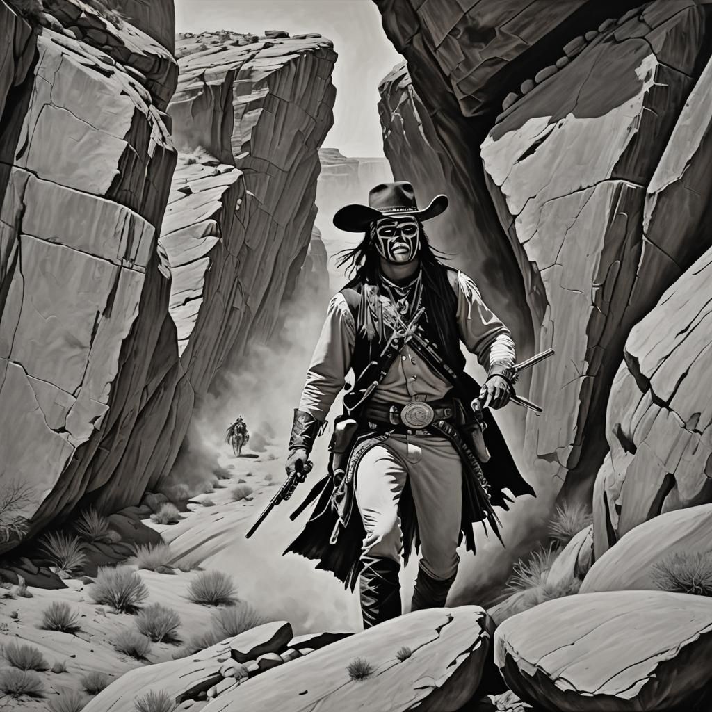 Lone Ranger and Tonto in Gunfight: Monochromatic Action Pain...