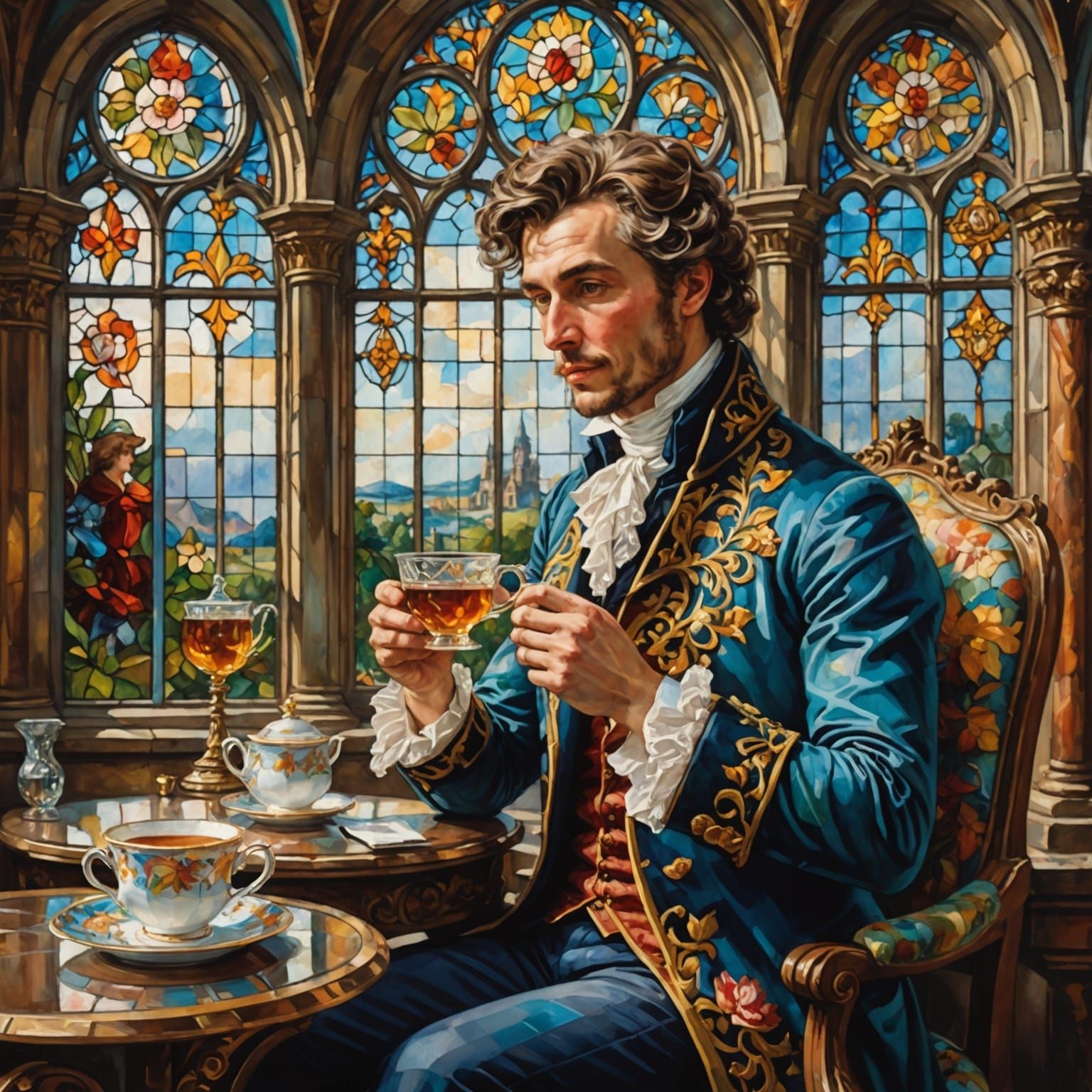 Handsome Gentleman Sips Tea by Stained Glass Window in Gouac...