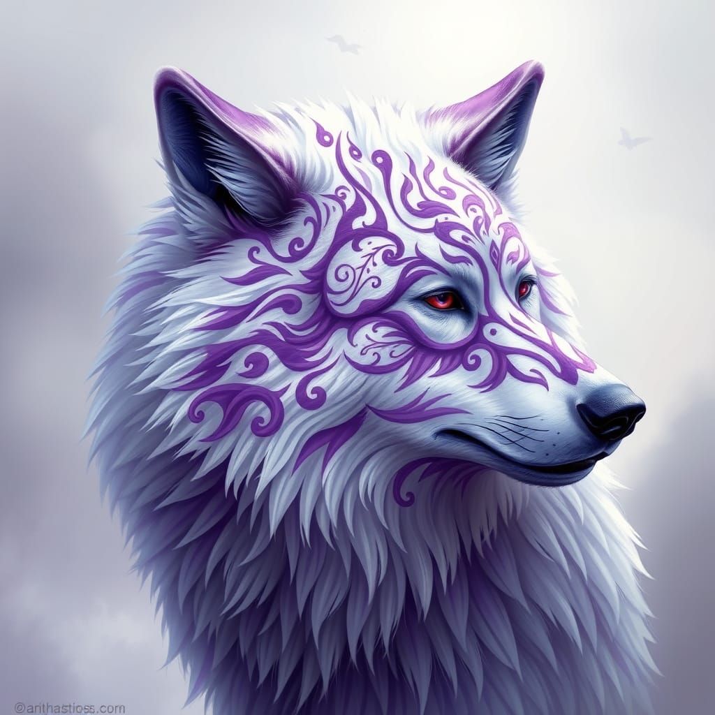 Regal Purple Wolf in Ethereal Landscape
