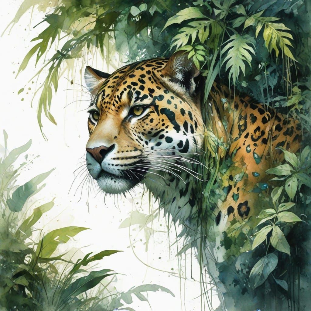 Surreal Jungle Dawn with Prowling Jaguar in Watercolour Styl...