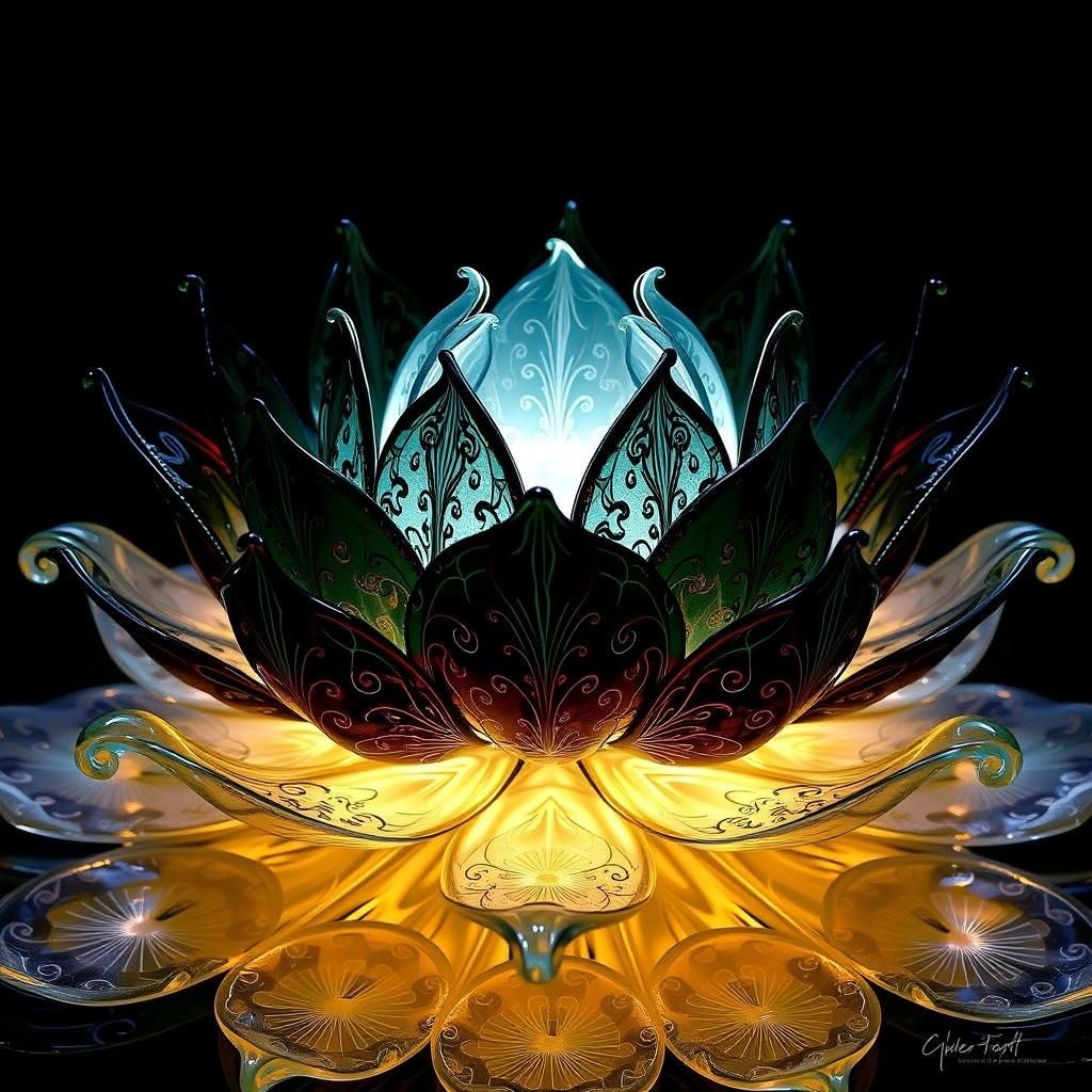 Ethereal Glass Lotus Sculpture in Art Nouveau Style
