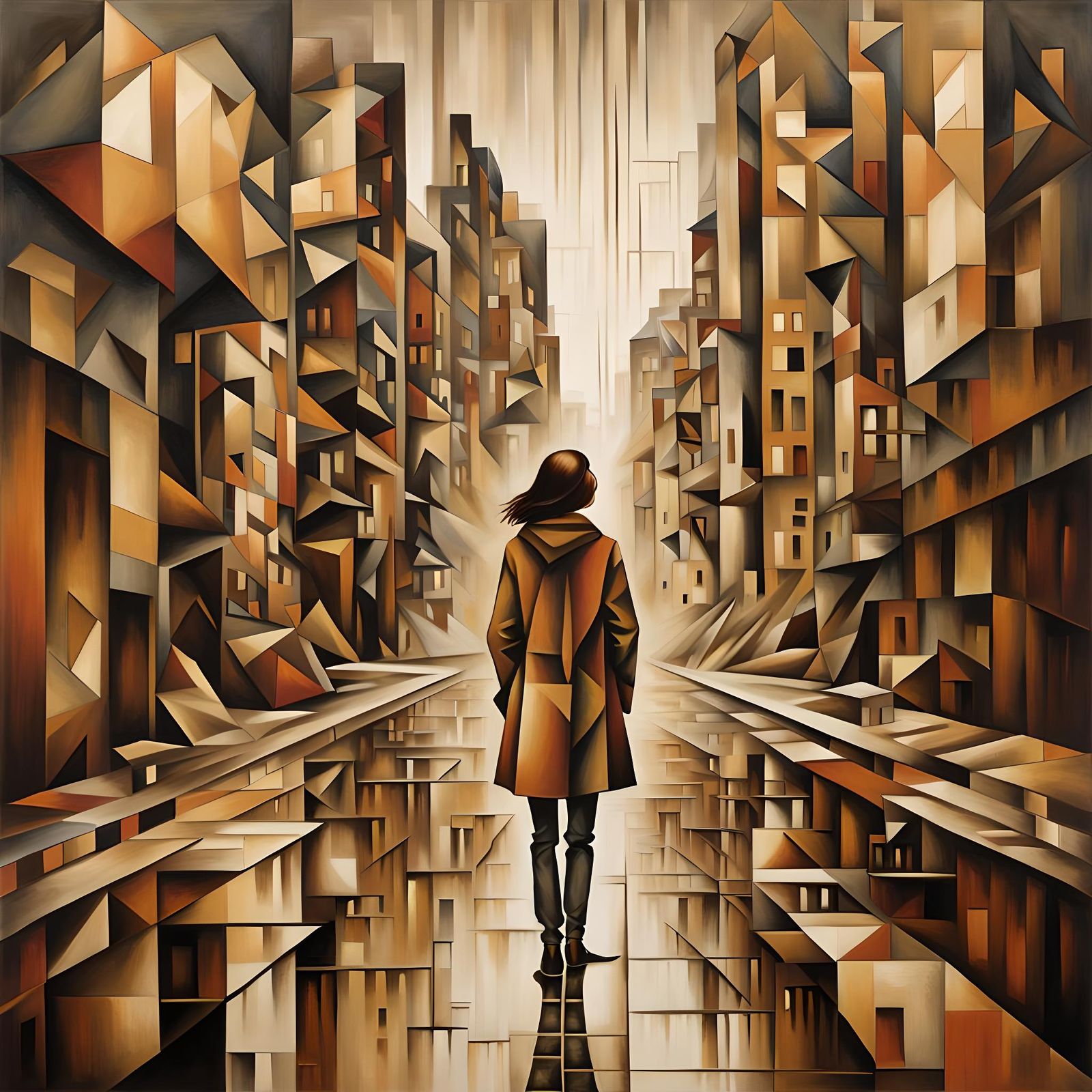 Sepia Cubist Cityscape Reflecting Rainy Abstraction