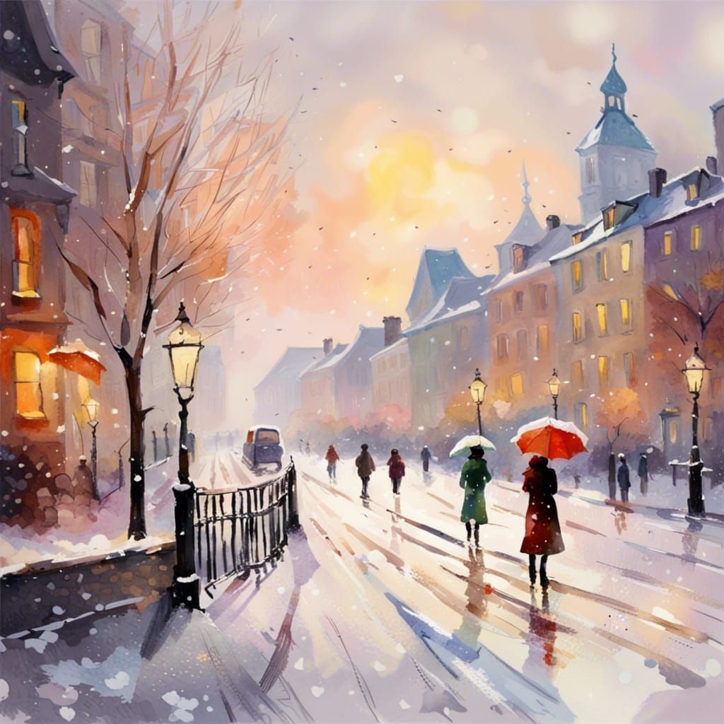 Snowy Cityscape: Impressionistic Winter Romance