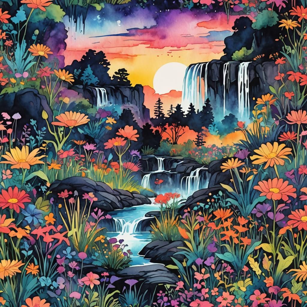 Psychedelic Alien Landscape at Sundown in Watercolor