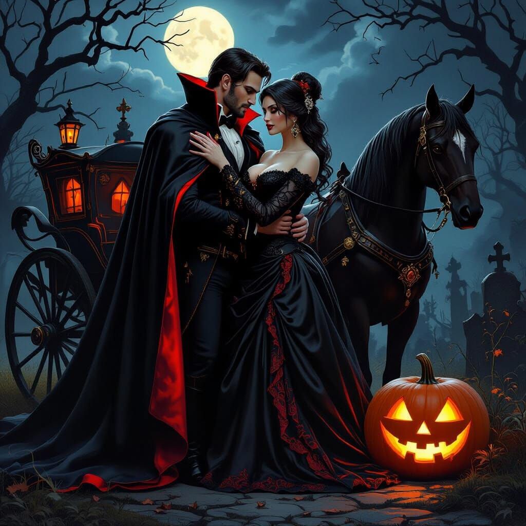 Vampire Embrace in Graveyard Moonlight: Fantasy Art