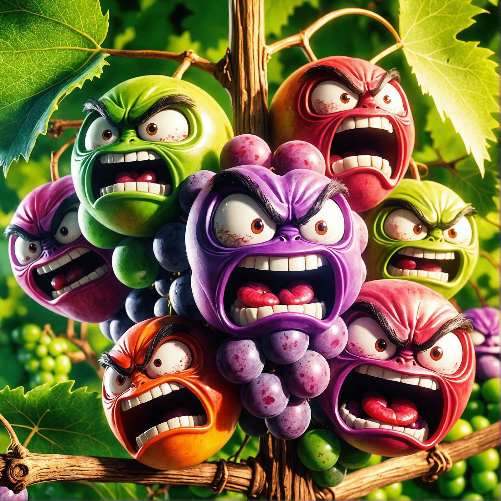 Cartoon Grapes Embodying Human Rage in CGI Rendering