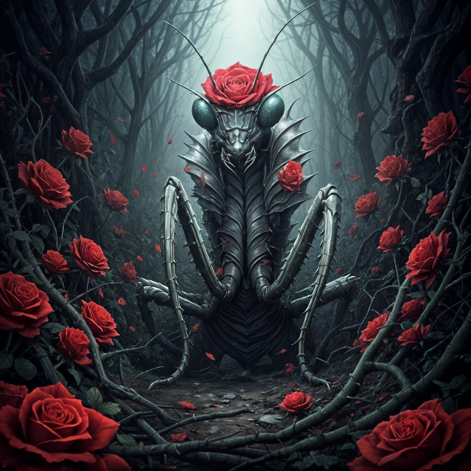 Ethereal Fey Insect Among Blood-Red Roses in Dark Fantasy St...
