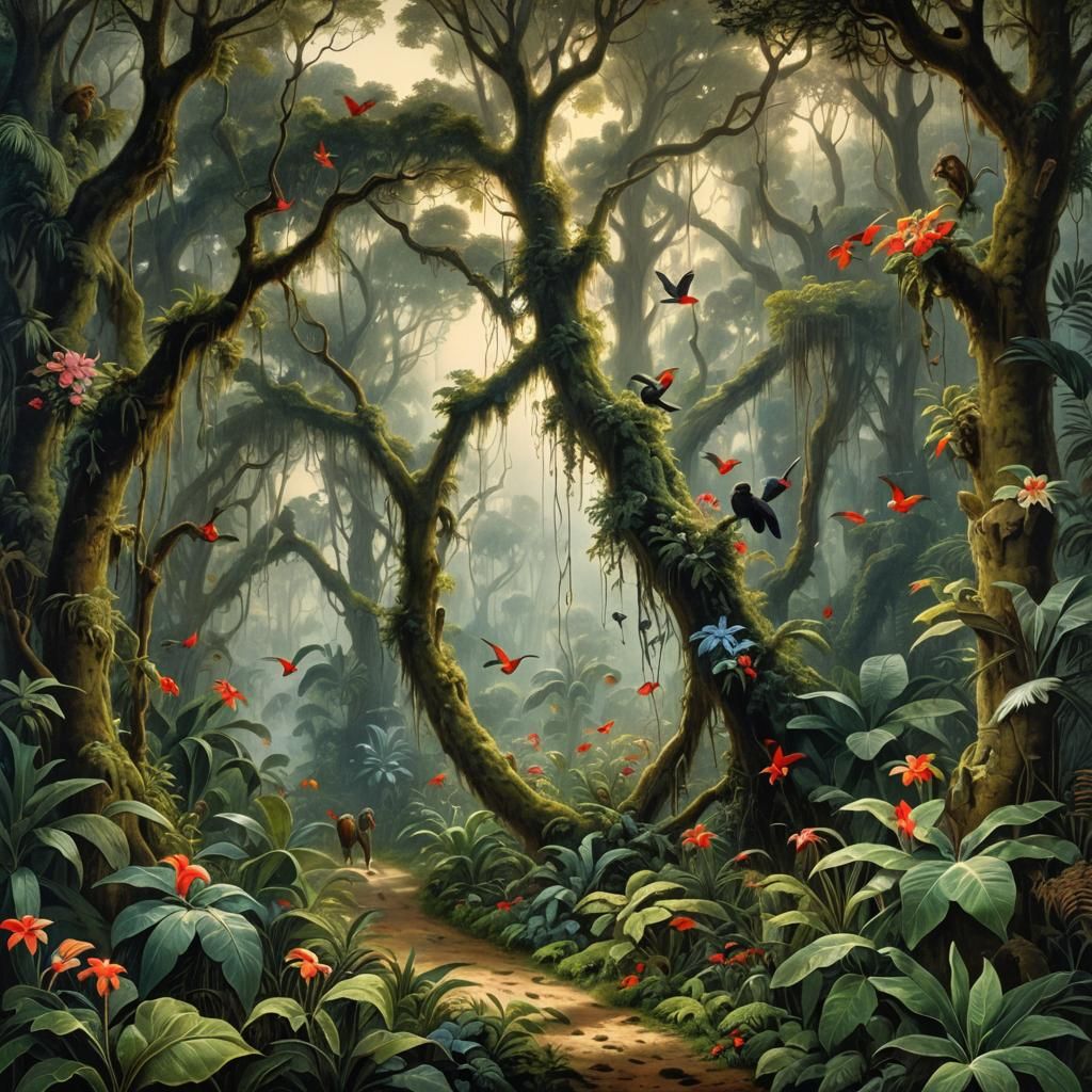 Lush Rainforest Path in Gustave Doré Style
