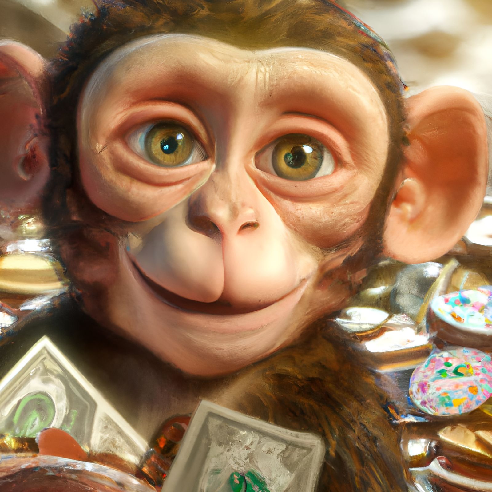 Monkey Surrounded by Money in 3D Render