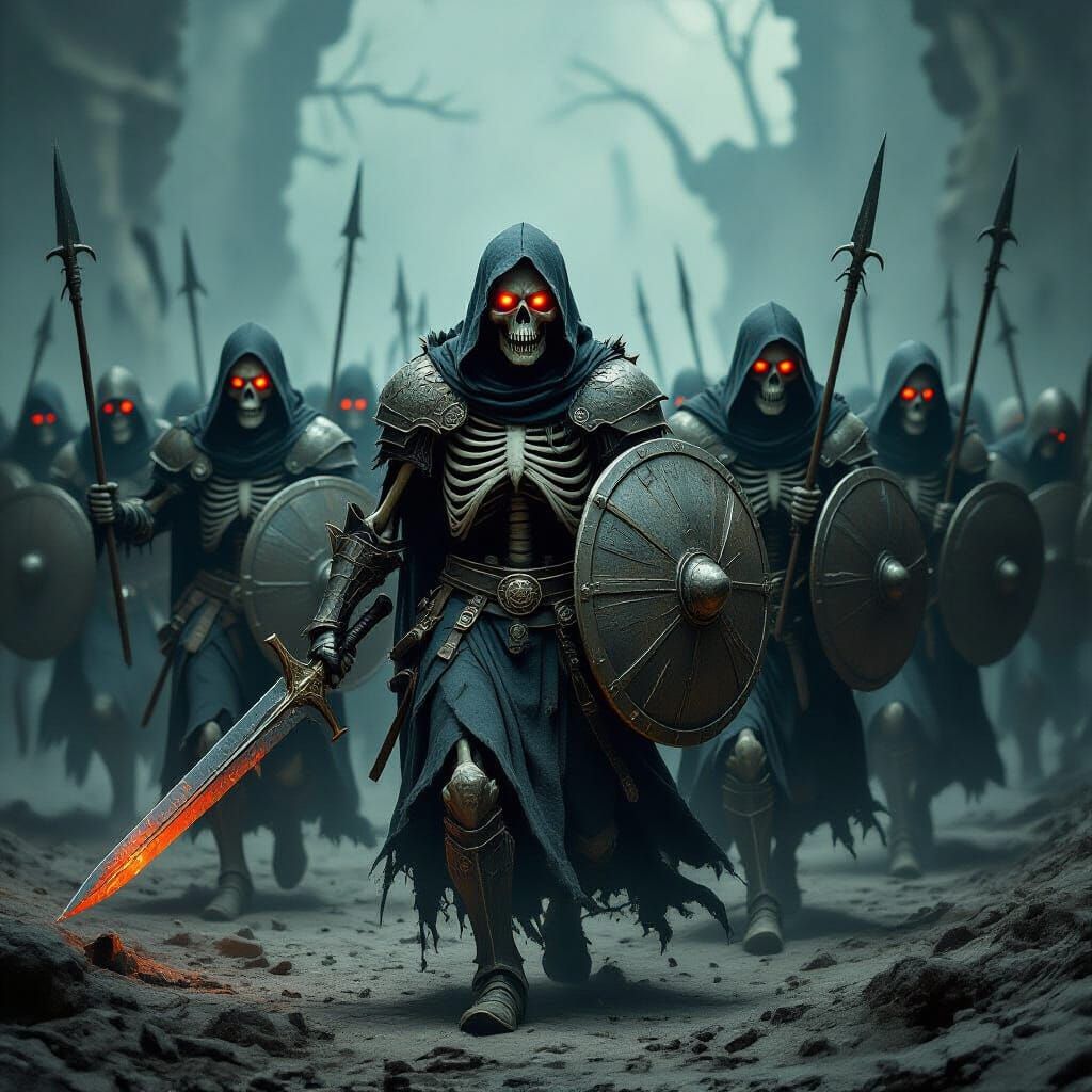 Menacing Skeletons Advance with Rusty Swords in Dark Fantasy...