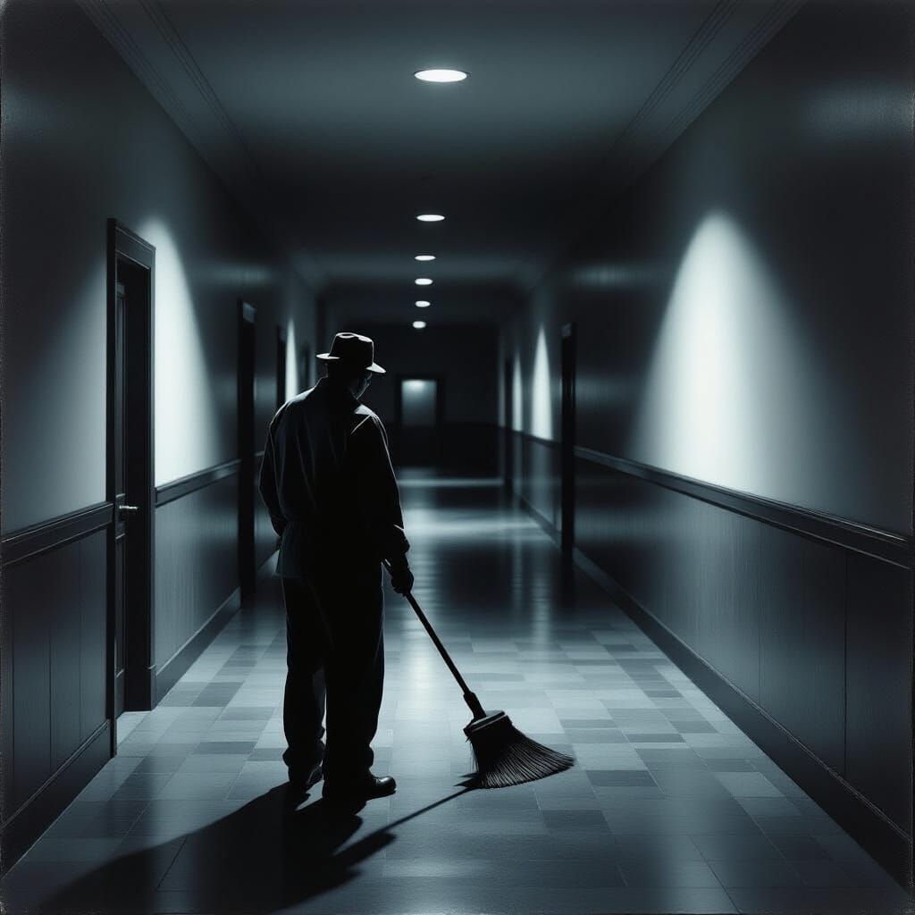 Janitor Sweeping Hallway at Night in Hopper Style