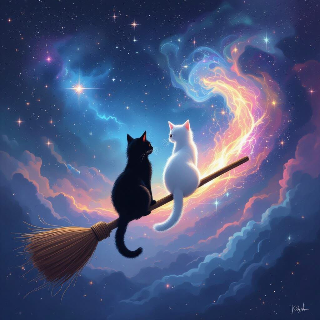 Cats Riding Broomstick Under Mystical Night Sky