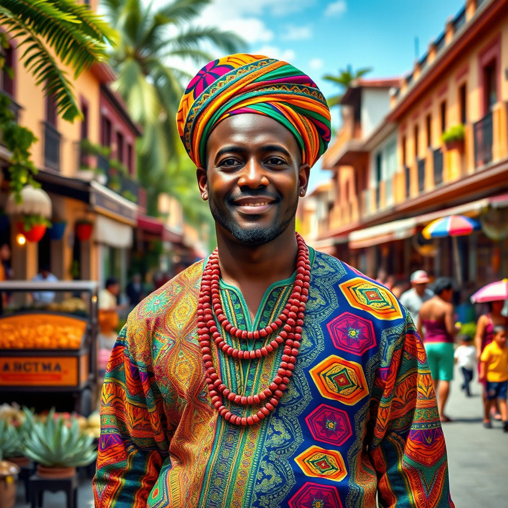 Wealthy Peruvian Man in African Attire, Bold Portrait