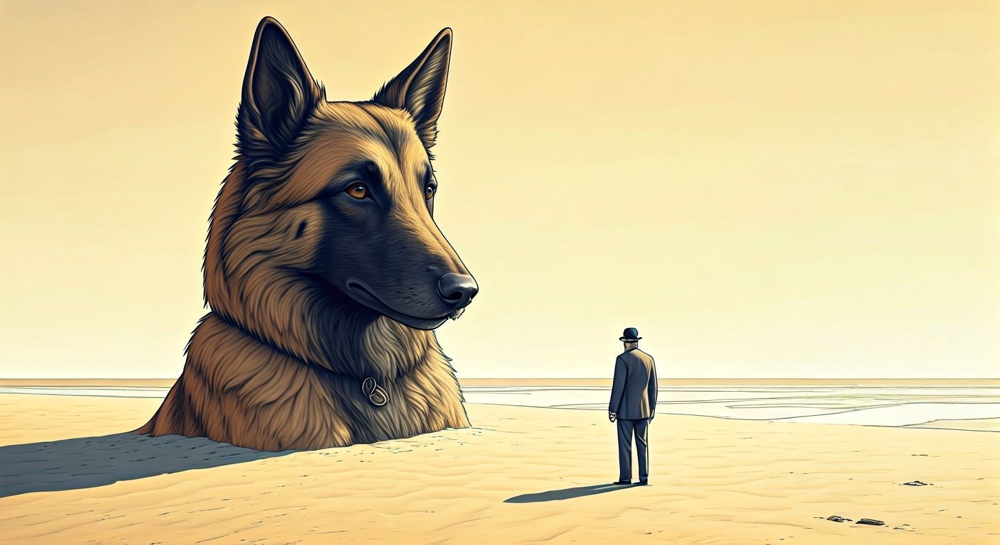 Surreal Belgian Beach Discovery: Dog Sphinx and Man