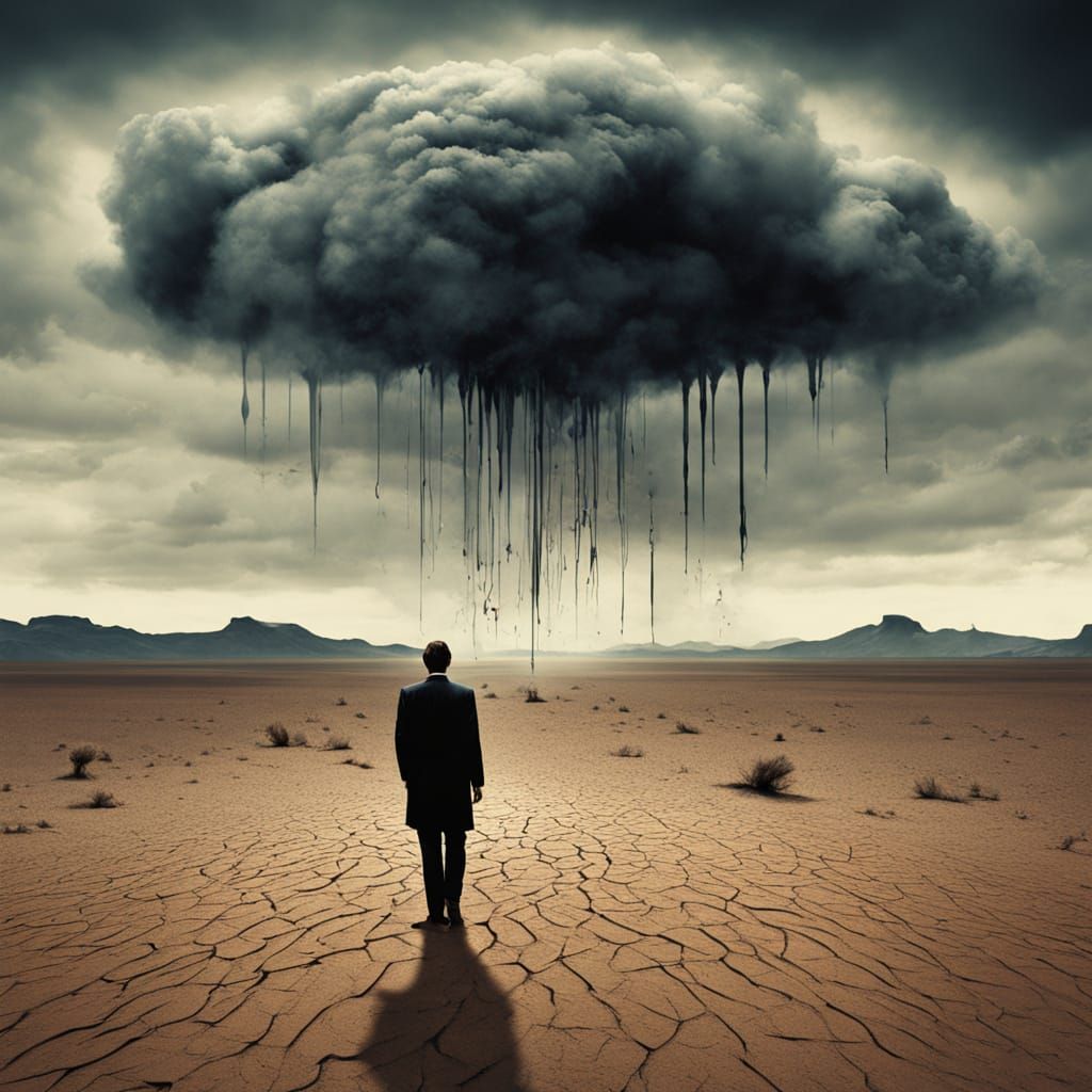 Surreal Desert Figure in Stormy Psychedelic Landscape