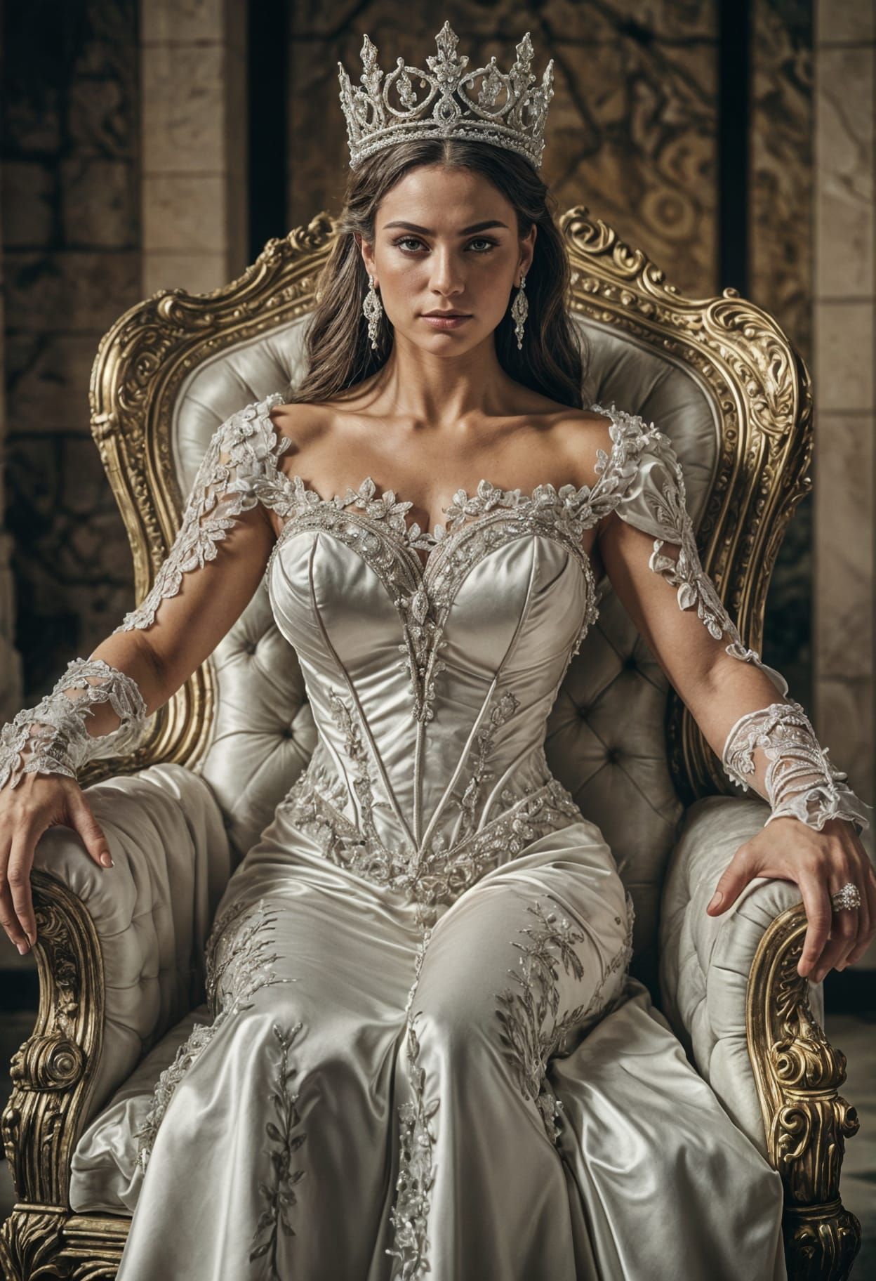 Queen in Wedding Dress on Throne