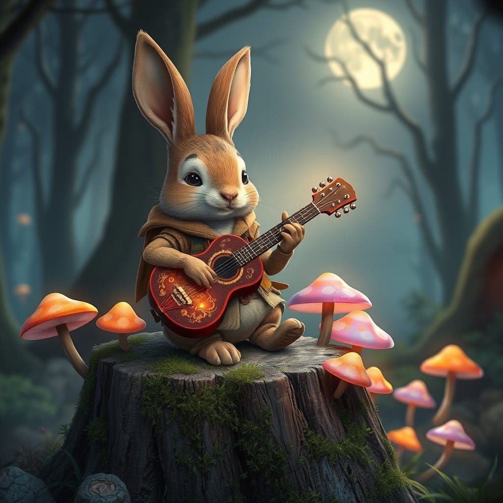 Whimsical Hare Plays Guitar Under Iridescent Mushrooms in Mo...
