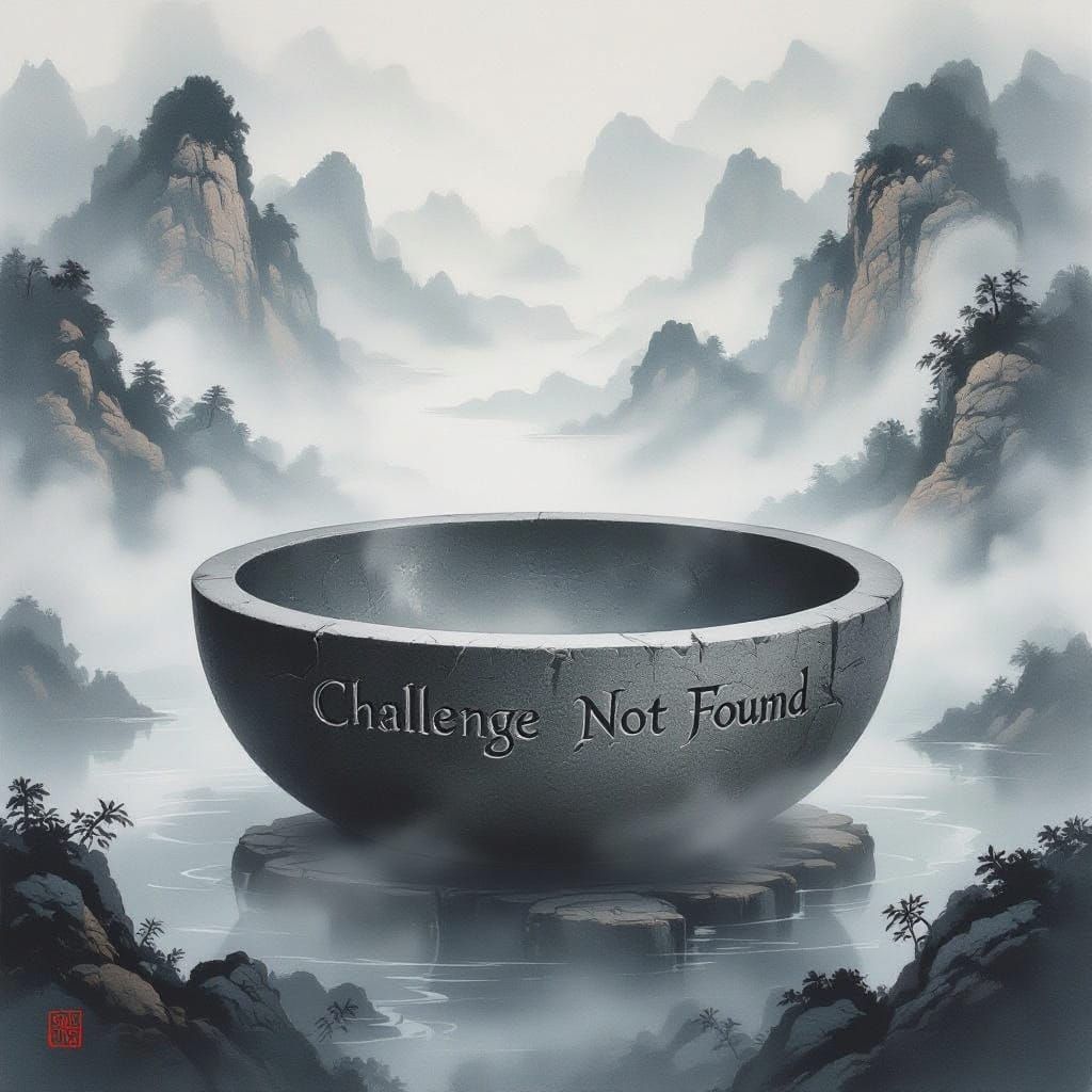 Empty Stone Bowl in Ancient Script Amidst Fading Landscapes