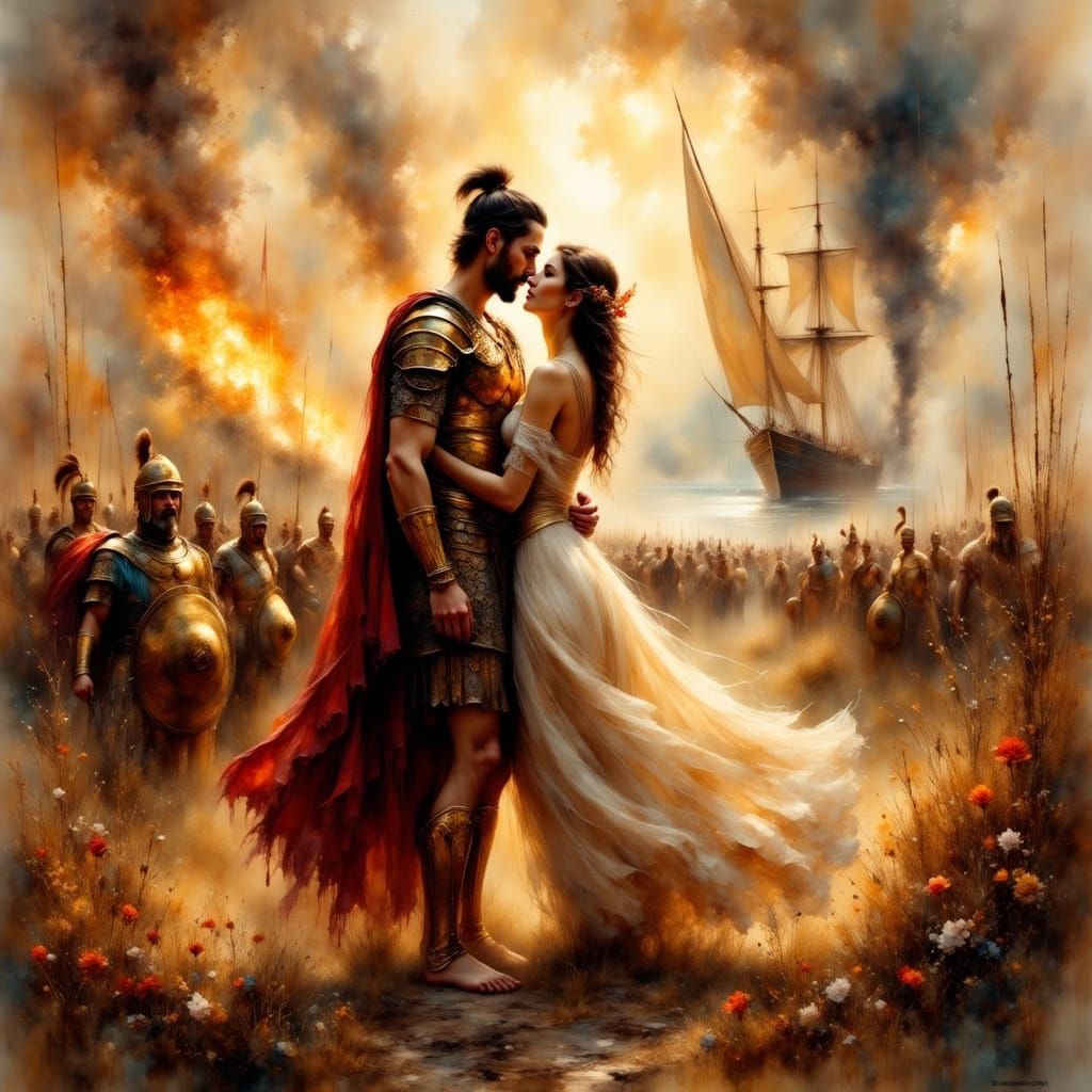 Hyperrealistic Greek Warrior About to Kiss Woman