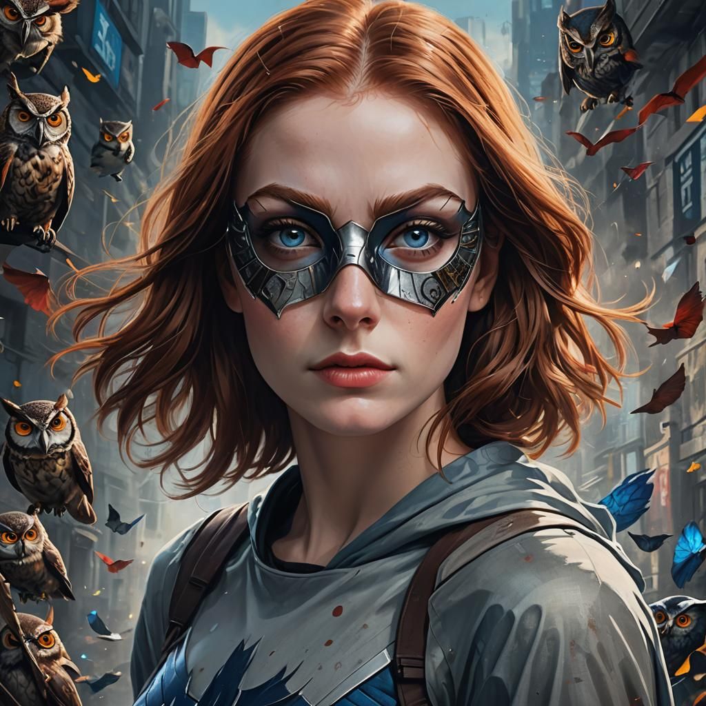 Hyperrealistic Portrait of a Superheroine with Owl Mask