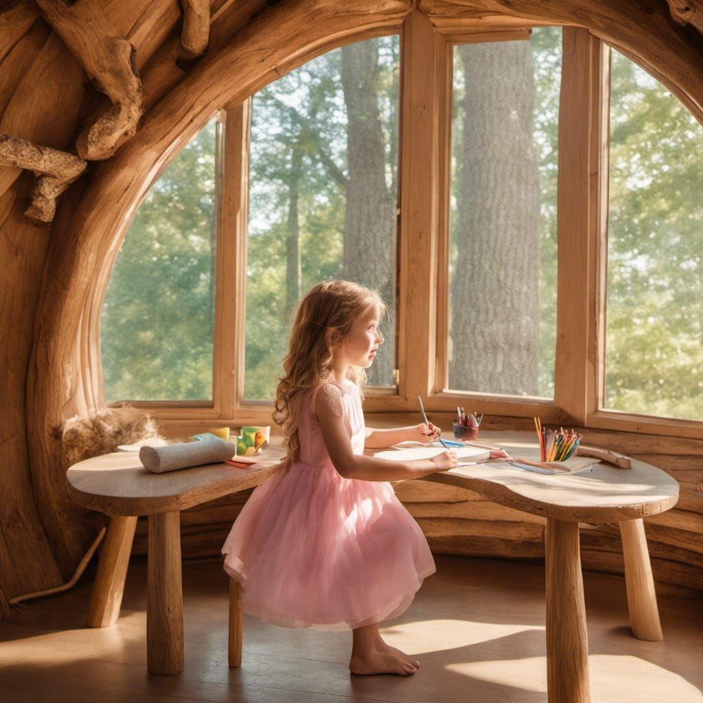 Cozy Treehouse Interior with Girl and Kittens