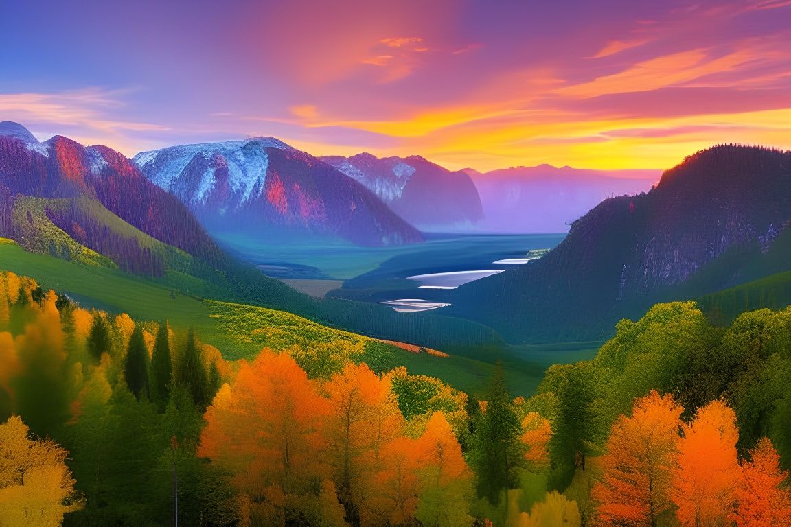 Vast Sunset Landscape with Floral Valley