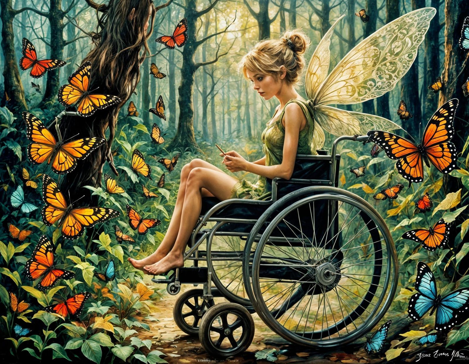 Dark Fantasy Fairy in Wheelchair with Butterflies