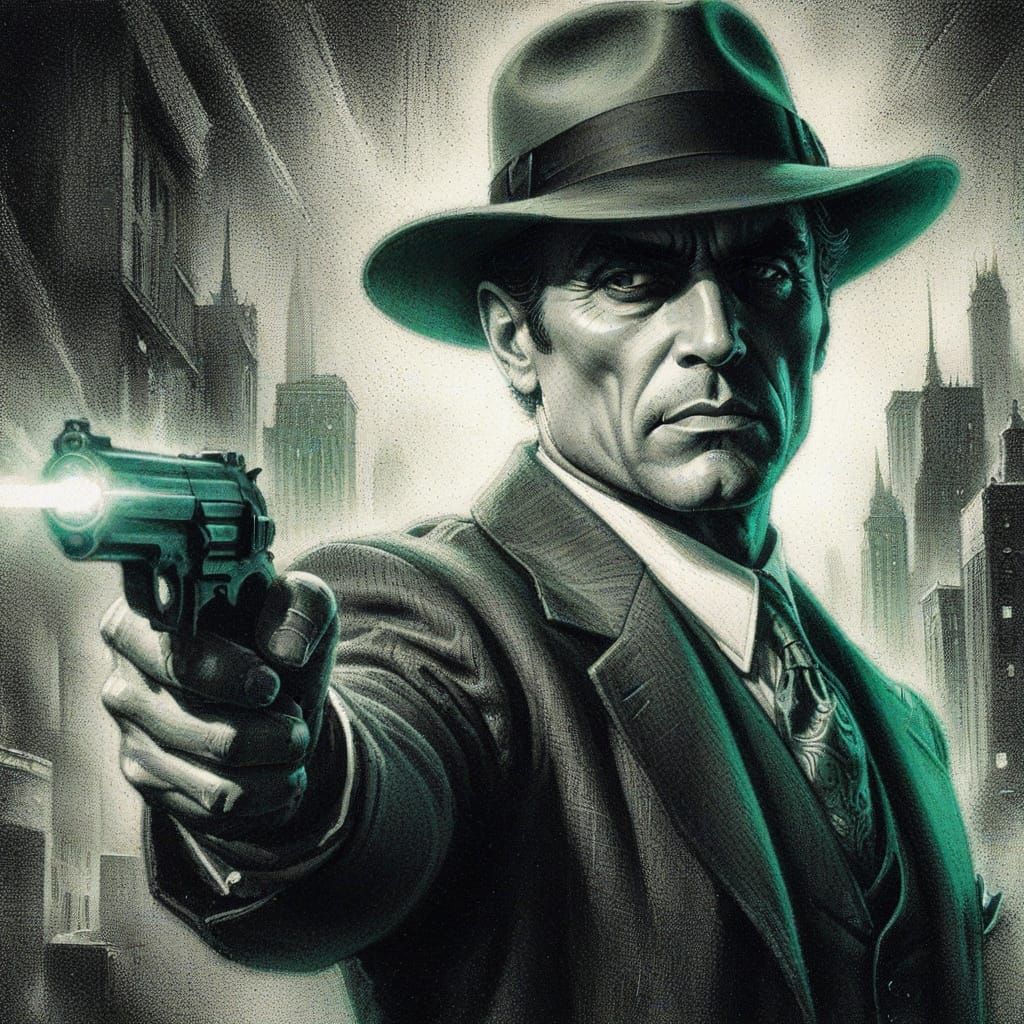 Legendary Green-Tinted Crimefighter in Charcoal Art