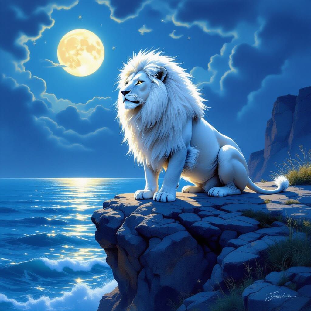 Majestic Starlight Lion Overlooking Moonlit Ocean