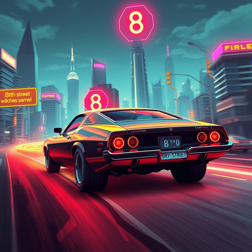 Futuristic Cityscape with Flying Car on 8th Street