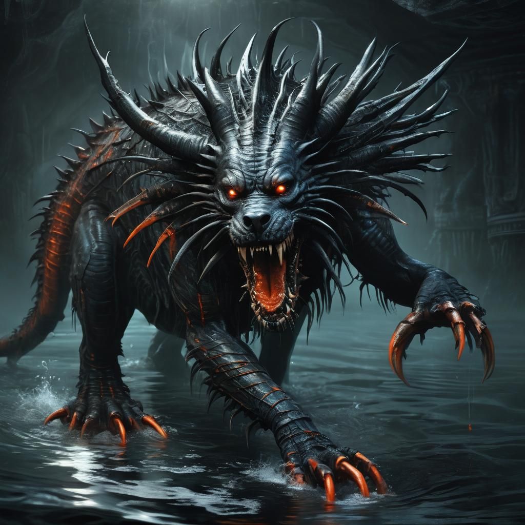 Aquatic Dark Fantasy Creature Emerging From Misty Waters