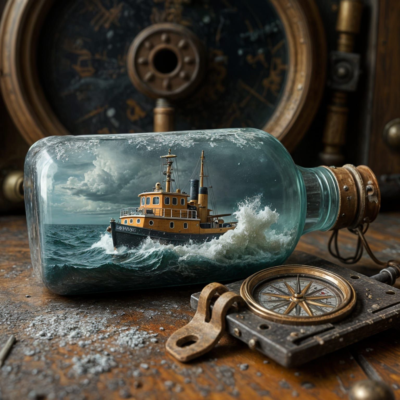 Vintage-Style Tugboat in a Bottle Scene