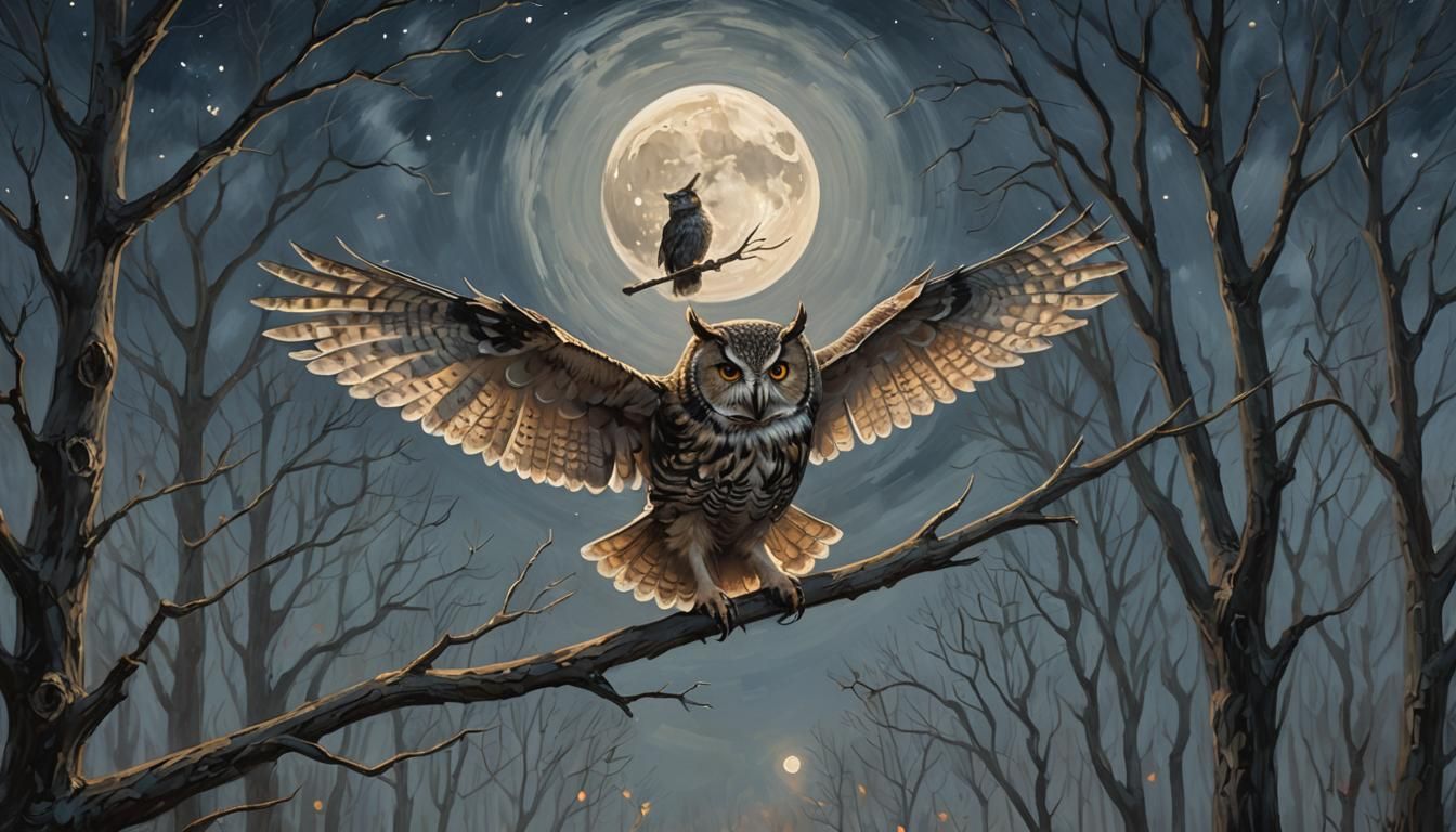 Owl and Witch in Moonlight, as Digital Art