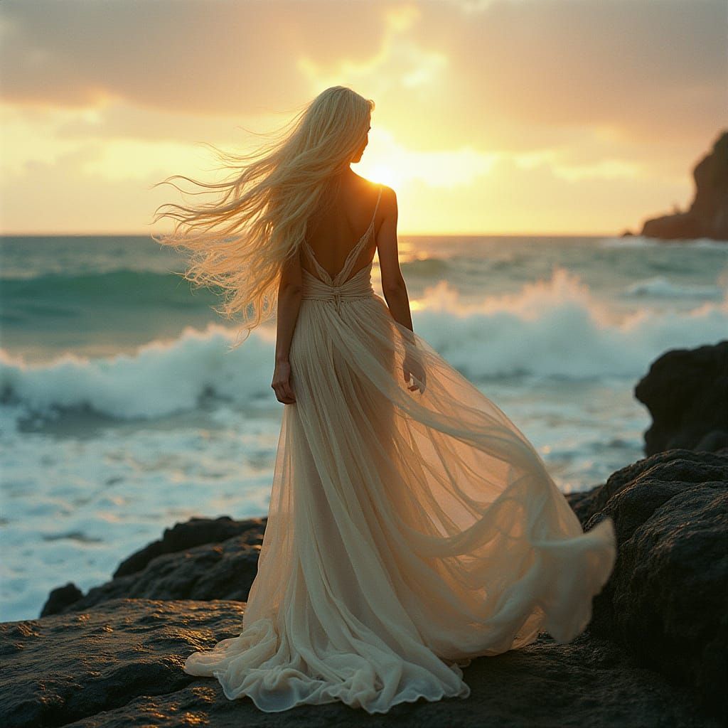 Figure in Iridescent Gown on Rocky Beach at Sunset