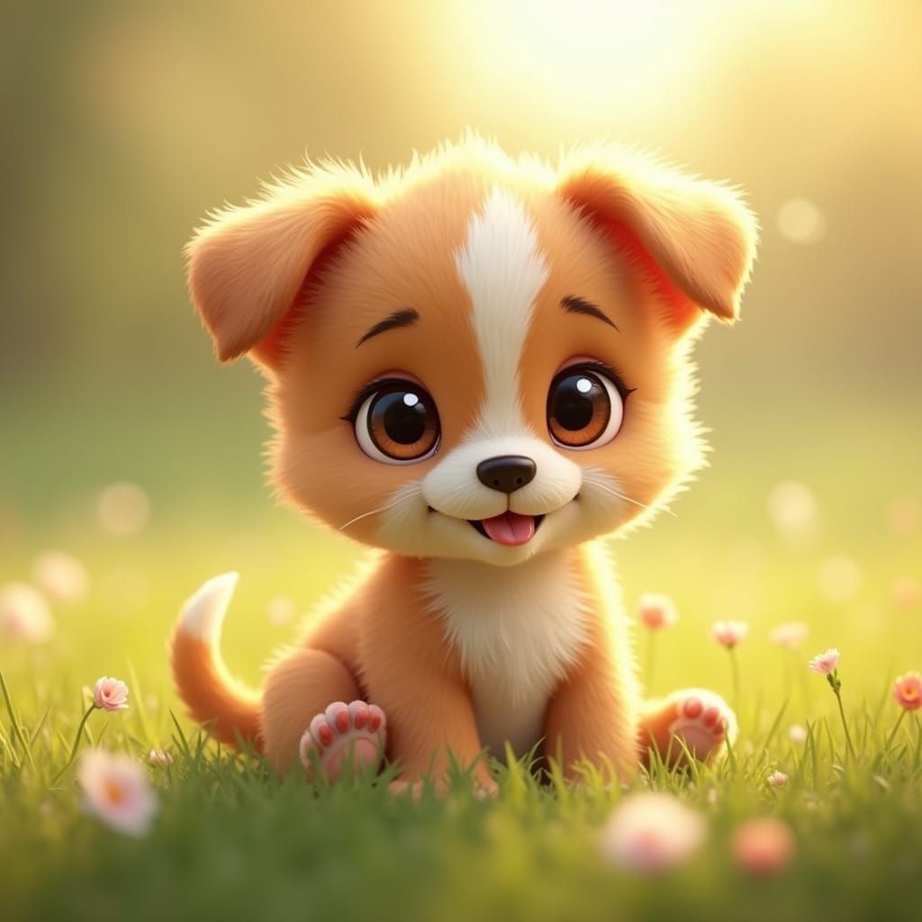 Cute Puppy in Meadow: Pixar-Inspired 3D Animation