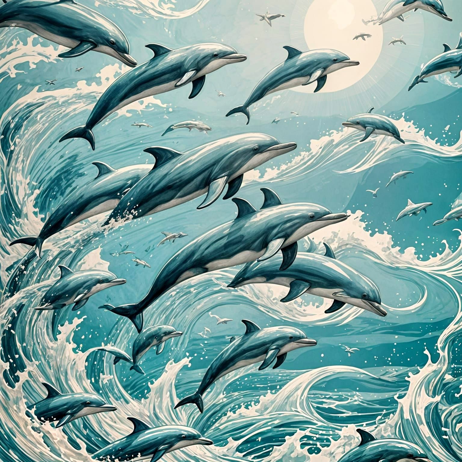 Dolphins Leap in Sparkling Ocean, Paper Art Style