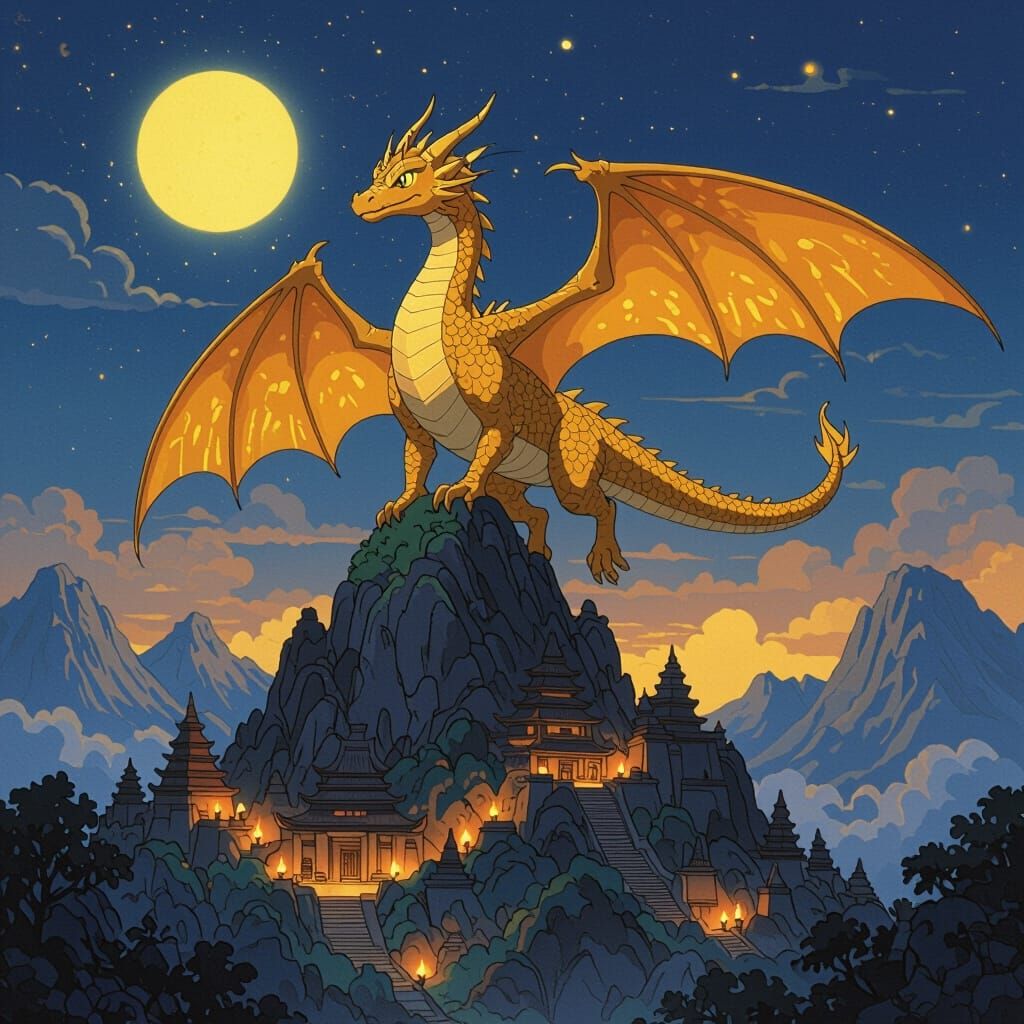 Golden Dragon Flying Over Ancient Temples